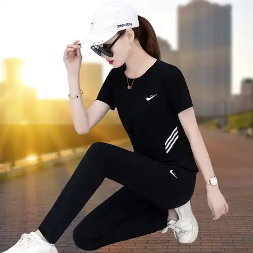 极耐克夕纯棉运动套装夏季休闲短袖运动服女士大码宽松长裤春秋女
