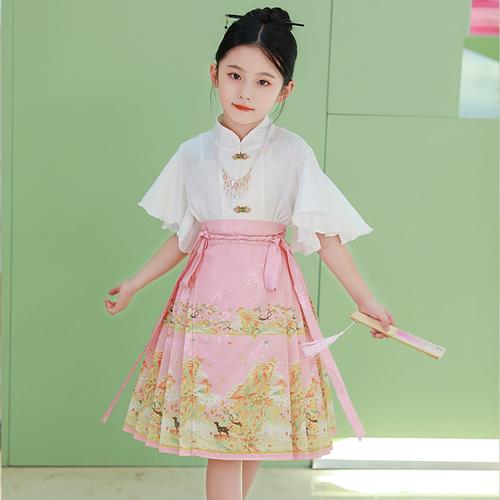 大童夏款女童中国风古装改良半身马面裙套装儿童汉服童装明制唐装