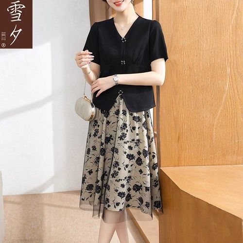 妈妈装夏款两件套连衣裙短袖t恤薄款上衣服中老年妇女时尚半身裙