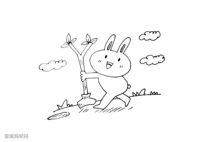 植树节主题简笔画植树的小兔子