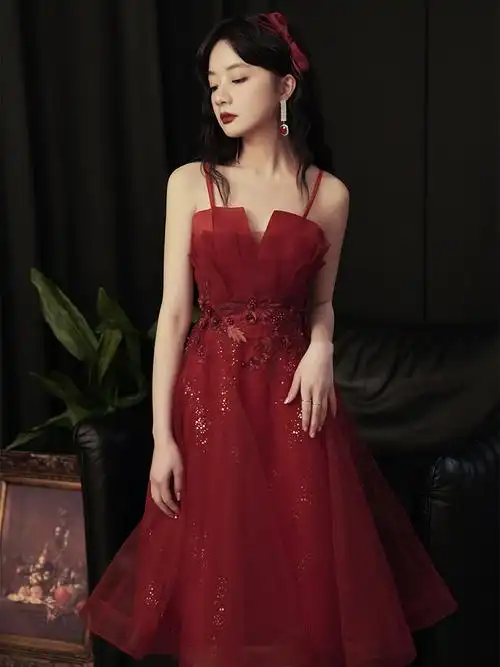 孕妇敬酒服新娘感红色小个子订婚连衣裙吊带礼服裙女夏季