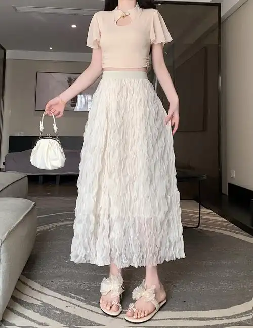 实拍～实价现货皱皱百褶半身裙女杏色纱裙a字松紧腰褶皱网纱裙… - 17