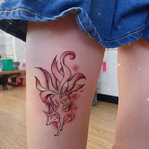 妙格森防水贴画纹身日系花朵艺伎 狐狸纹身贴 九尾狐男纹身贴纸防水女