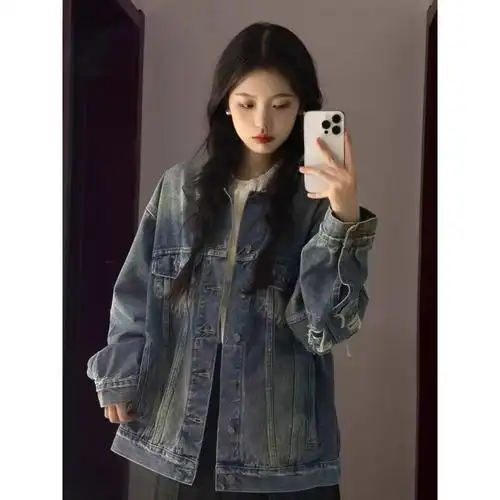 美式复古破洞牛仔外套女设计感小众秋季2024新款宽松上衣oversize