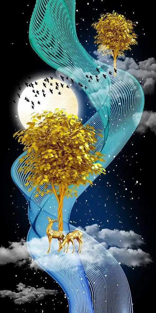 xt95553北欧晶瓷画曲线纹金鹿金箔蓝色玄关