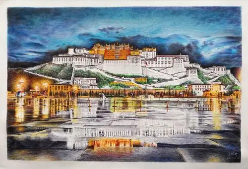 我的圆珠笔画《布达拉宫之夜》创作过程