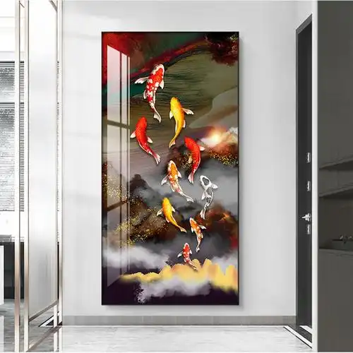 入户玄关装饰画九鱼图聚财轻奢现代简约竖版挂画进门走廊过道壁画
