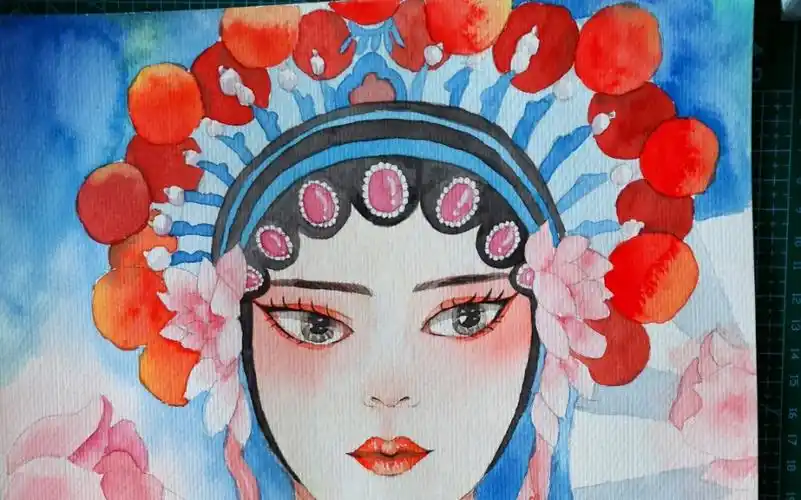 水彩京剧花旦上色过程