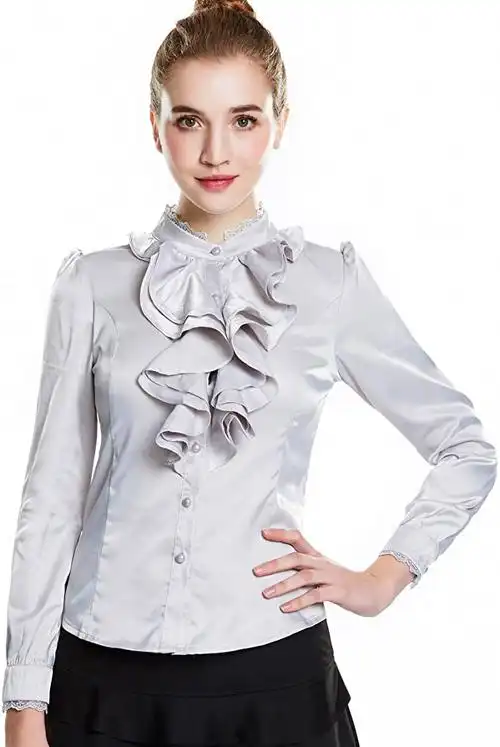 女式长袖雪纺莲花荷叶边衬衫复古维多利亚企领纽扣衬衫优雅蕾丝上衣