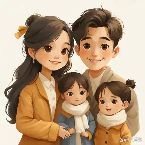 愿我们的每一天, 都像这一家四口的漫画头像一家四口头像两个女儿一