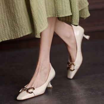 百丽平替款高跟鞋女细跟2023年春秋季新款女鞋方头复米白色39