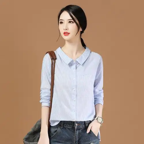 蓝色复古竖条条纹纯棉衬衫女春全棉洋气衬衣衬衫