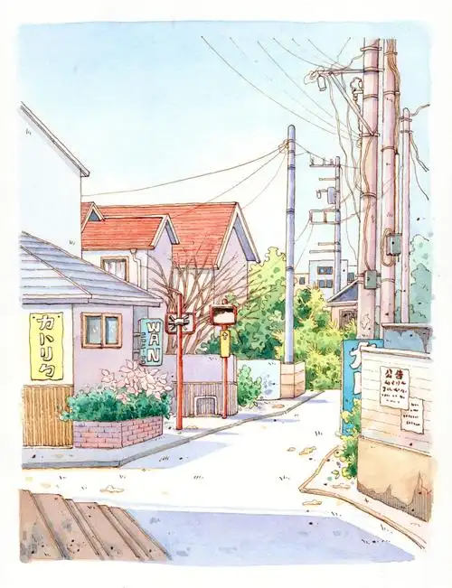 钢笔淡彩走进童话街景绘画线稿水彩步骤图