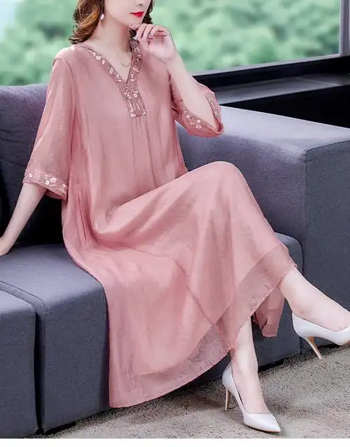 胖大妈夏天裙子高端妈妈亚麻大码女装减龄苎麻裙子贵夫人棉麻连衣裙