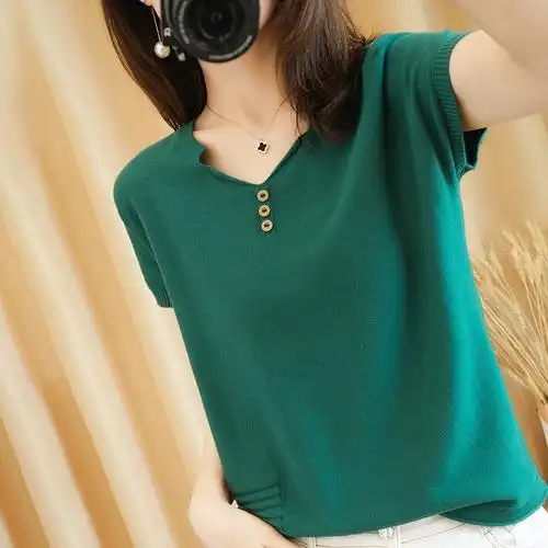 棉线针织短袖t恤女士2021夏季新款棉麻宽松v领百搭套头上衣背心女