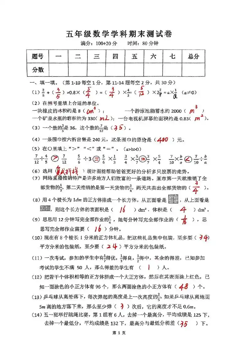 五年级期末考试答案.上个视频的答案来了#数学 #小学数学 # - 抖音