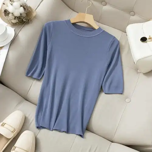 夏季薄款圆领中袖冰丝针织衫上衣女春夏新款五分袖修身短袖t恤 半