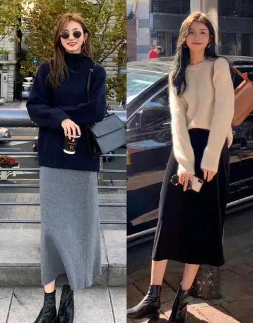 腿粗,腿不直如何穿才好看?"直筒裙 毛衣",这样穿显瘦又时髦