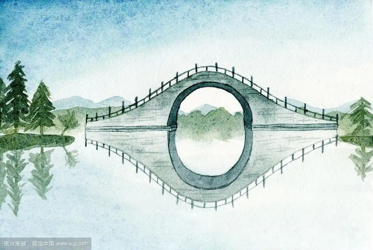 水彩手绘一座石拱桥倒映在水面上中国风插画
