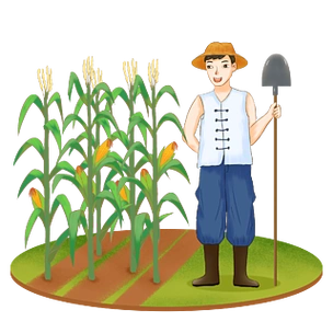 卡通矢量站在玉米地旁边手拿铁锹的农民