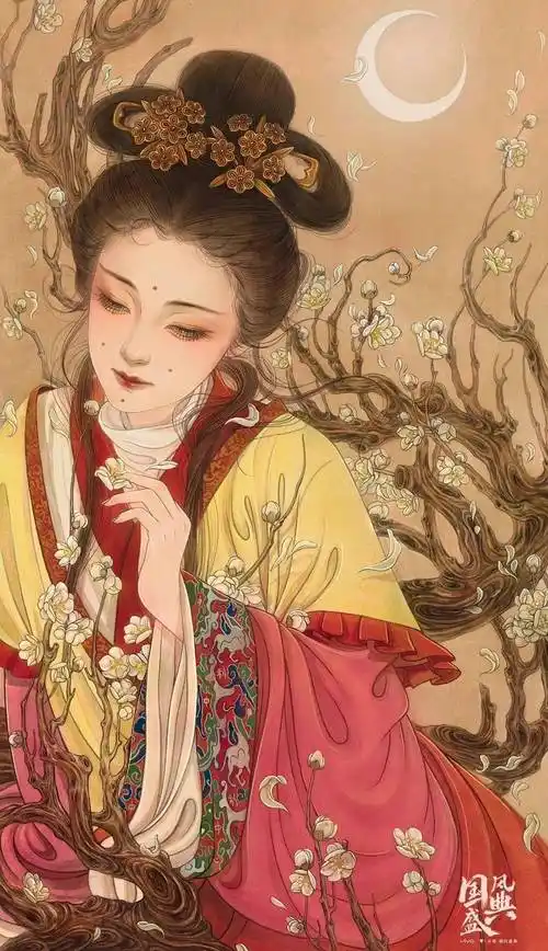 水彩古风美少女插画,厚重的色彩和质感,尽显国潮东方美_作品_ljx_人物