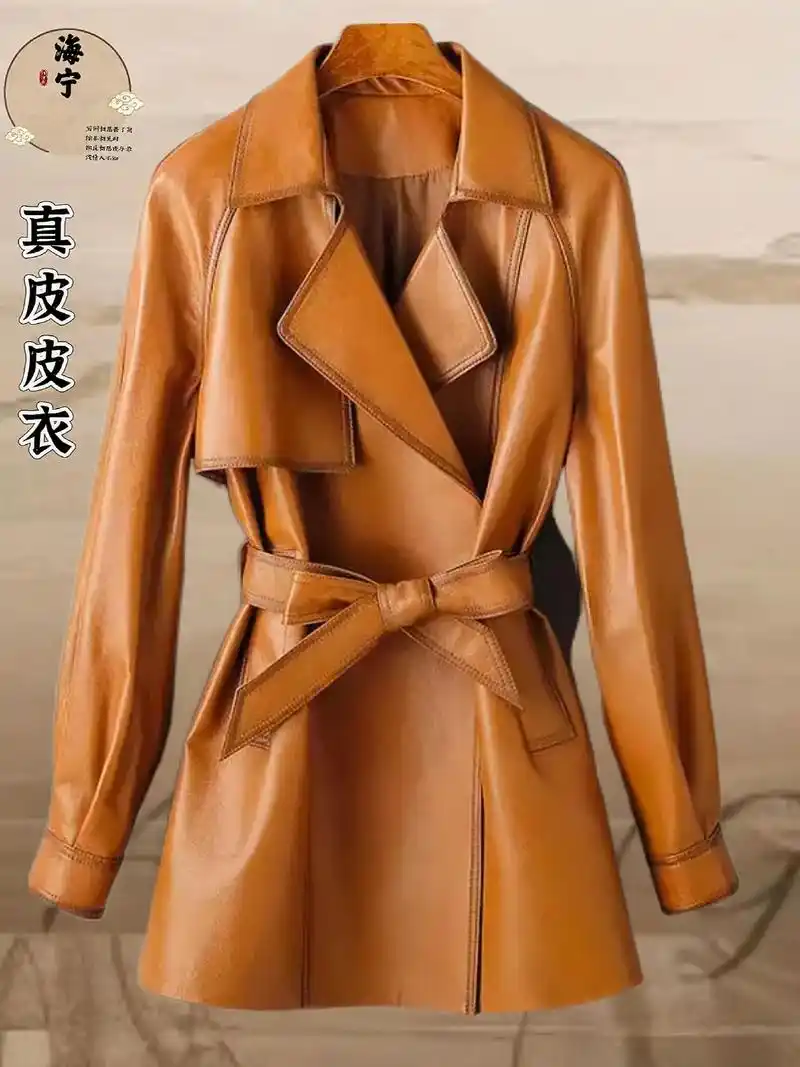 [银泰专属833真皮皮衣女中长款春秋新款绵羊皮夹克修身显瘦外 - 抖音