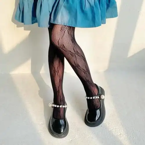 夏季女童连裤袜蝴蝶结渔网袜儿童打底裤袜白色公主镂空网眼防蚊袜