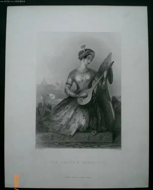 19世纪(100多年前)西方铜版画004#---美女弹琴图