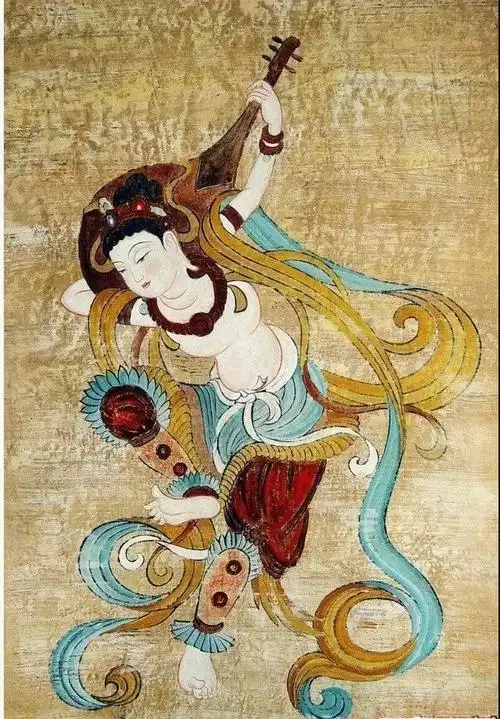 《伎乐图》反弹琵琶舞姿 第112窟/敦煌壁画中最具代表性的一幅《伎乐