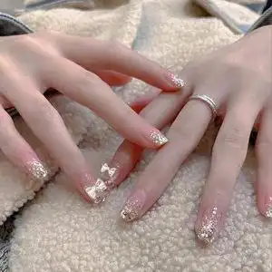 爆闪金箔纸美甲中长穿戴式美甲贴片假指甲气质少女美甲成品可拆卸