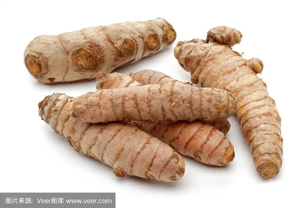 新鲜的整个姜黄根孤立在白色上