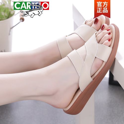 品牌真皮拖鞋女2024年夏平底防滑孕妇鞋外穿一字凉拖鞋沙滩鞋女 蒙