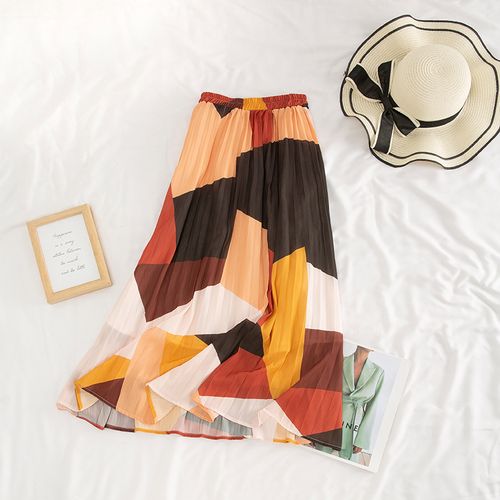 2115 2023年夏季新款复古时尚撞色半身裙女松紧腰显瘦百褶裙a字裙