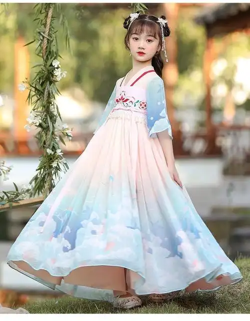 温仟轩女童汉服春夏季9-12岁小女孩古装连衣裙中国风小学生超仙气齐胸