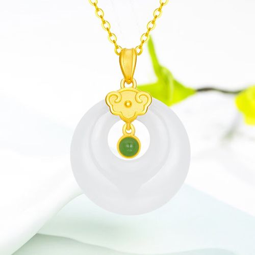 平芳阁999足金镶和田碧玉吊坠黄金如意平安扣挂件女款 足金和田玉如意