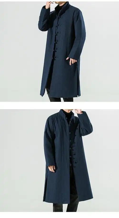 蜜丹丽男装麻布衣服男中国风棉麻加厚唐装棉衣男过膝立领盘扣棉袍亚麻
