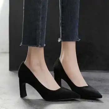 脚加肥职业工鞋黑色秋粗跟气质面试宽脚高跟鞋黑色皮面5cm跟加宽版35