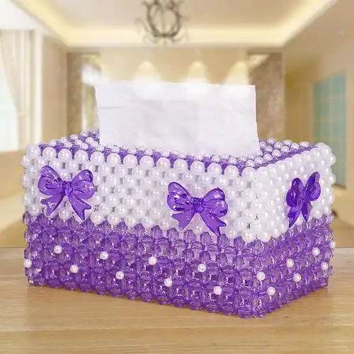 手工串珠珍珠蝴蝶结抽纸盒客厅茶几装饰摆件纸巾盒车载成品收纳盒