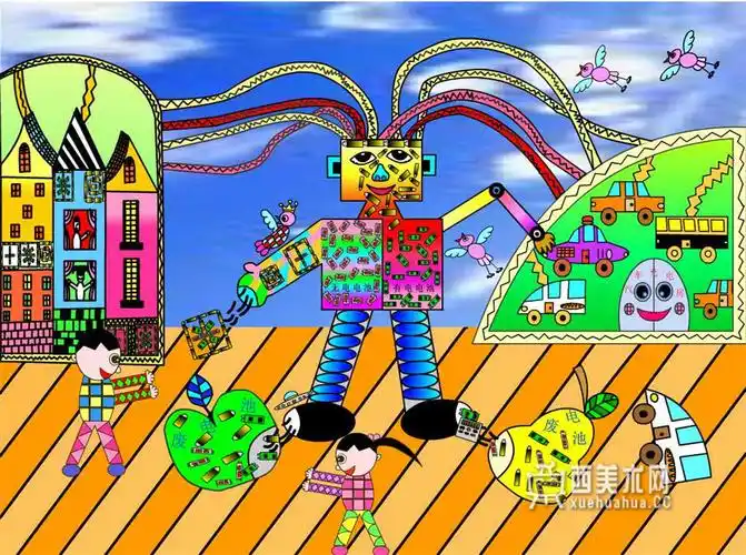 小学生科幻画《废旧电池再生智能机器人》赏析