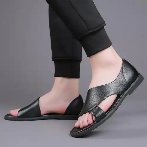 夏季潮流越南拖鞋男室外穿真皮沙滩鞋男士皮凉鞋大码男鞋4748