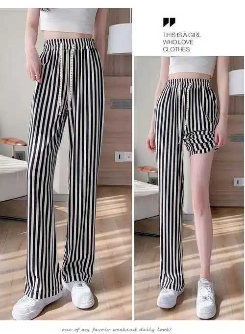 薄款冰丝裤子竖条纹垂坠感印染黑白竖条纹阔腿裤垂坠感水波纹洋