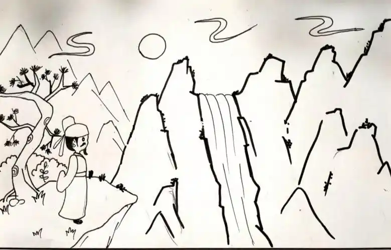 简笔画  #我的随手画  #古诗配图  #望庐山瀑布坐等闺女涂色后的泄