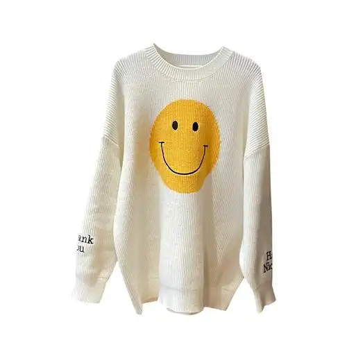 慵懒笑脸图案套头黑色针织衫中长毛衣女遮屁股毛衣