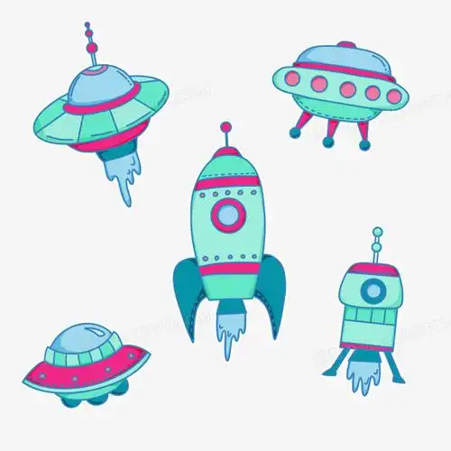 一组手绘蓝绿色外太空宇宙飞船贴纸套图素材