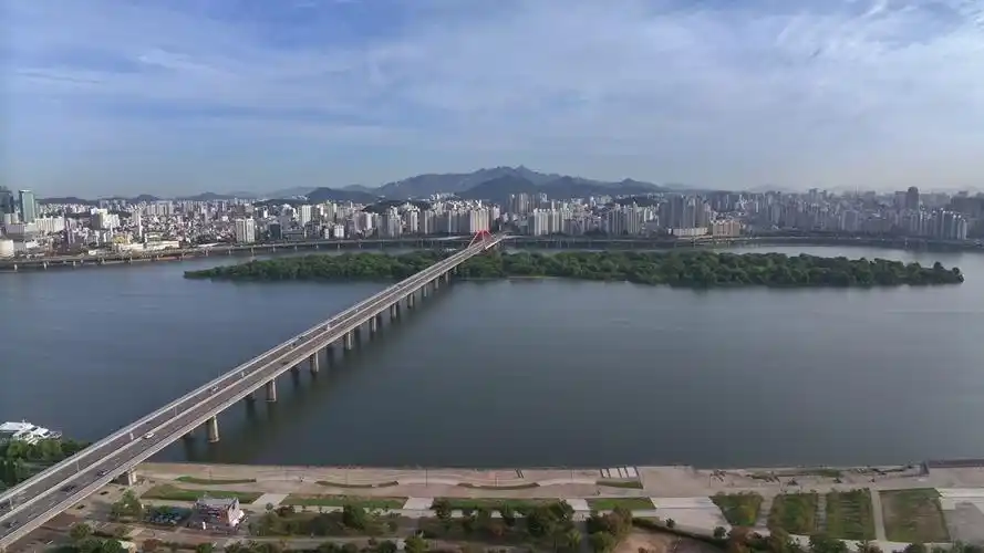 城市高层建筑中的西江大桥,汉江公园,岩心岛,汉江,江边高速公路/韩国