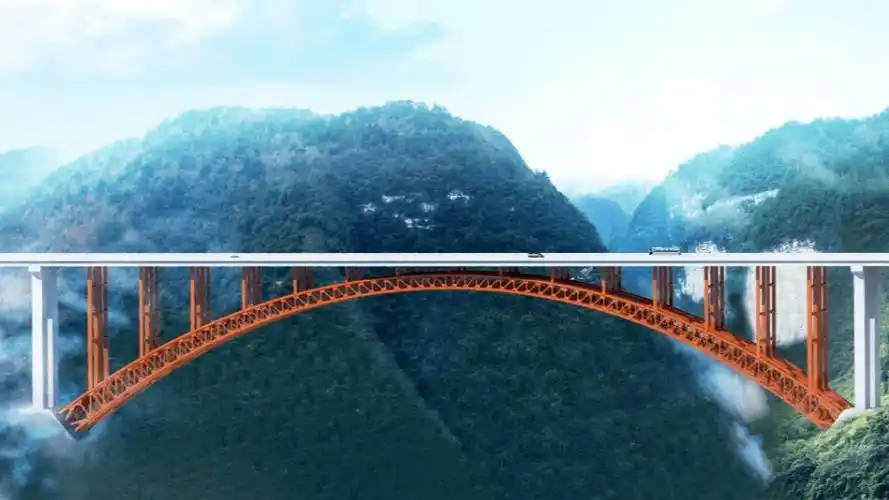 主跨300米的上承式钢管混凝土变截面拱桥,拱圈为等宽度变高度空间桁架