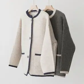 粗纺全羊毛缩绒工艺厚实撞色边小廓形小香风针织短外套 - 备货网