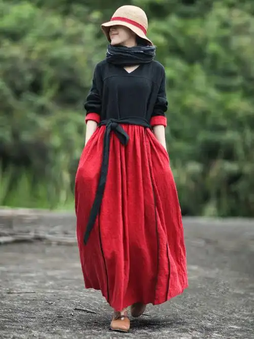 棉麻连衣裙文艺范加厚连衣裙女秋冬长裙民族风冬裙子210813