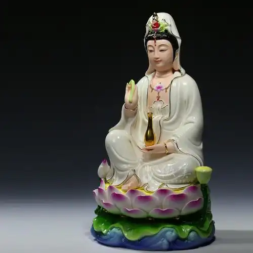 10至14吋家用供奉坐莲观音佛像德化陶瓷观世音菩萨像摆件笑脸彩绘