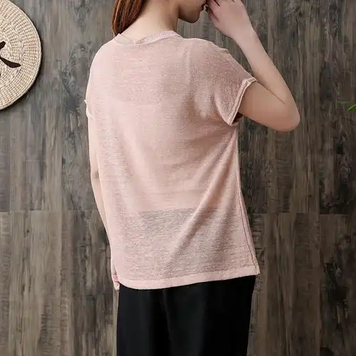 棉麻针织短袖t恤女夏季2020新款小衫宽松亚麻体恤粉色半袖上衣服